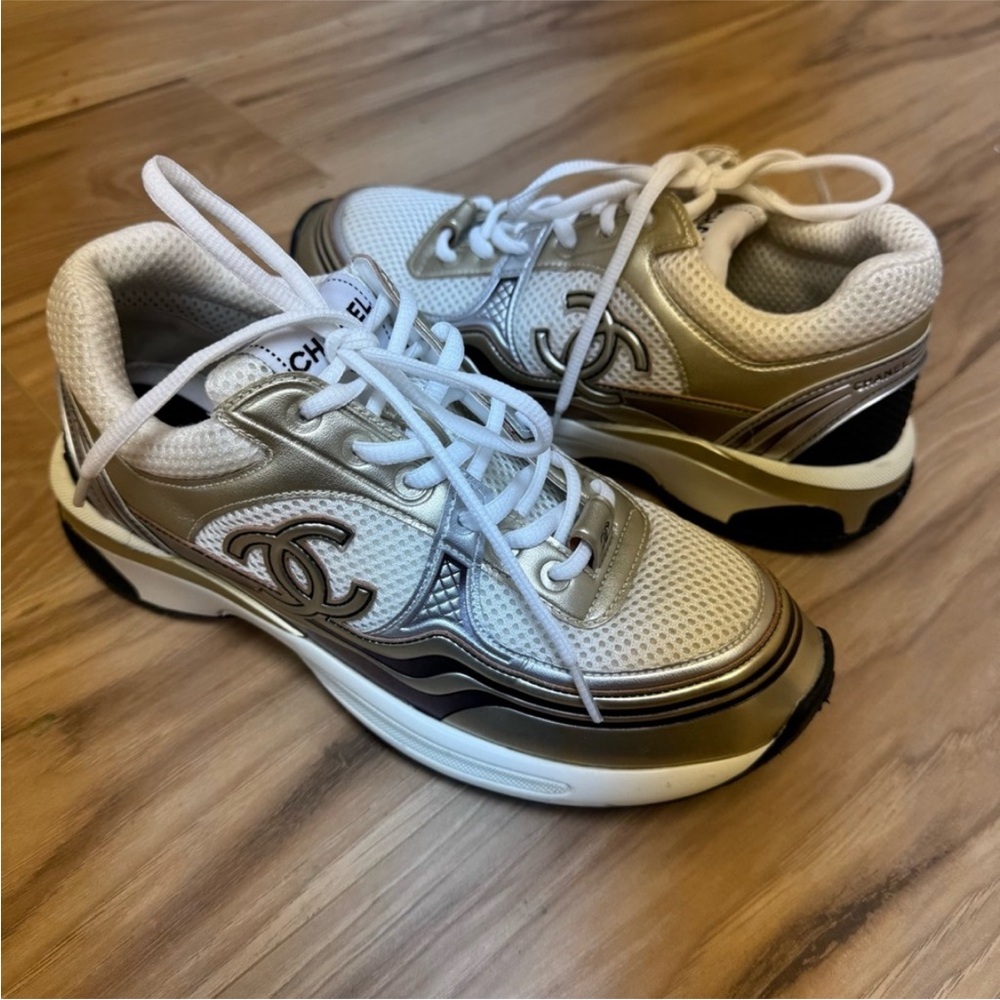 CHANEL Metallic Gold and White Sneakers